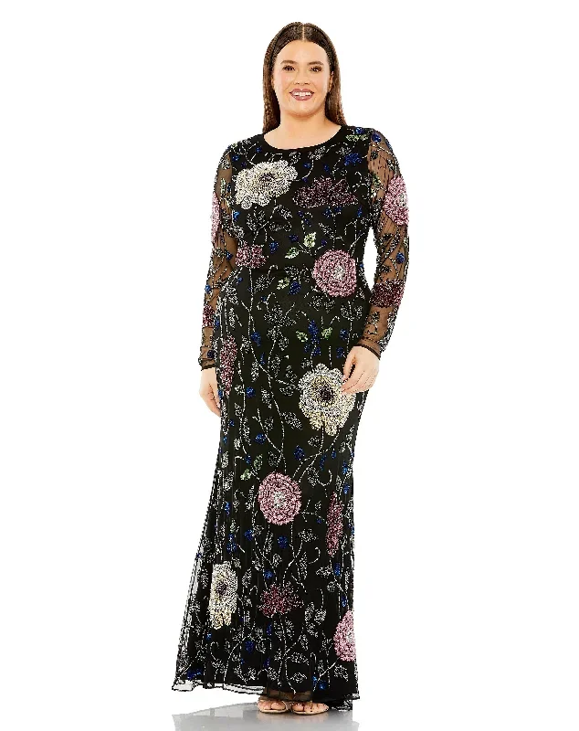 Long Sleeve High Neck Floral Embroidered Gown