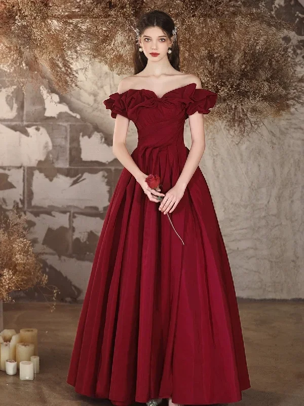 A-Line Off Shoulder Satin Burgundy Long Prom Dress, Burgundy Long Formal Dress