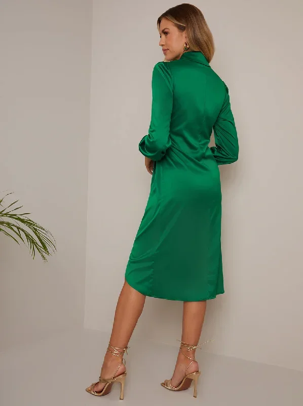 balloon-sleeve-tie-detail-shirt-dress-in-green