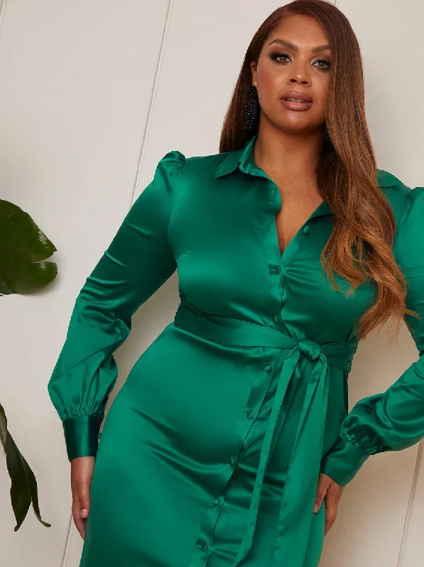 balloon-sleeve-tie-detail-shirt-dress-in-green