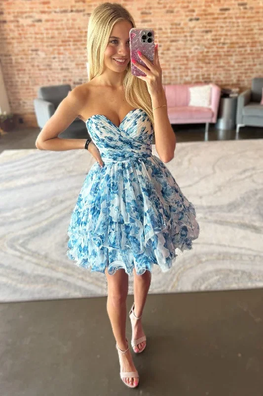 Blue Print Sweetheart Ruffle Homecoming Dress