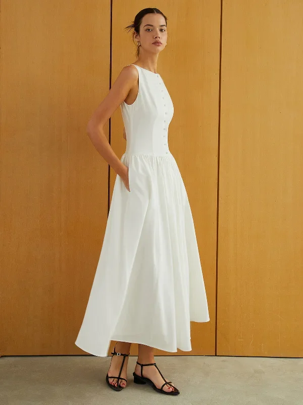 button-front-sleeveless-pockets-long-dress