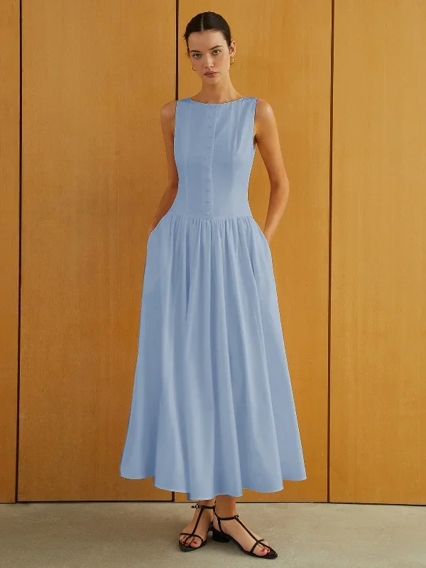 button-front-sleeveless-pockets-long-dress