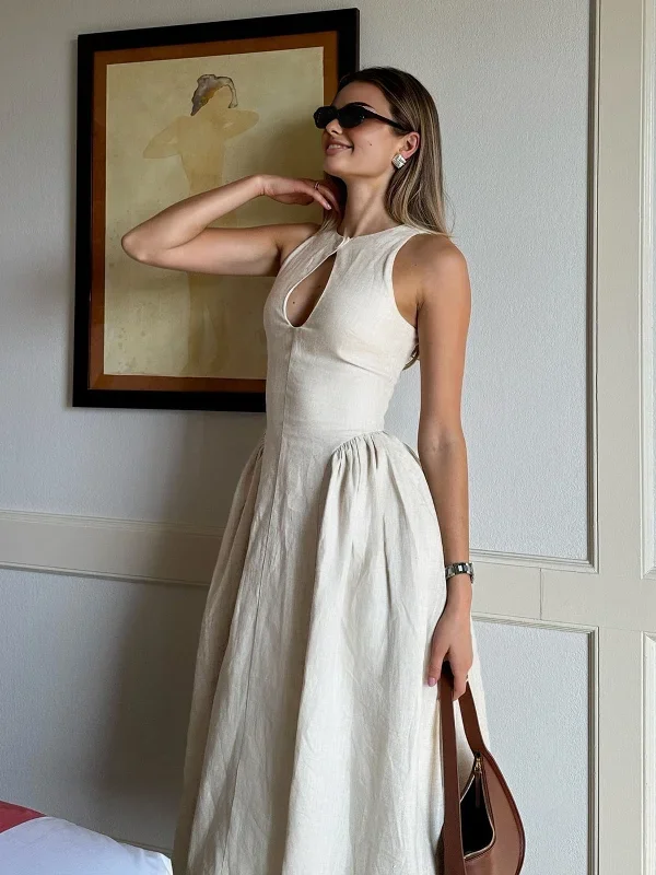 cotton-linen-pleated-cutout-long-dress