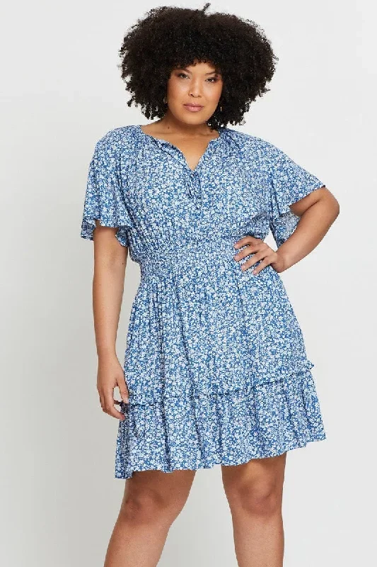 Ditsy Print Skater Dress V-Neck Short Sleeve Tie