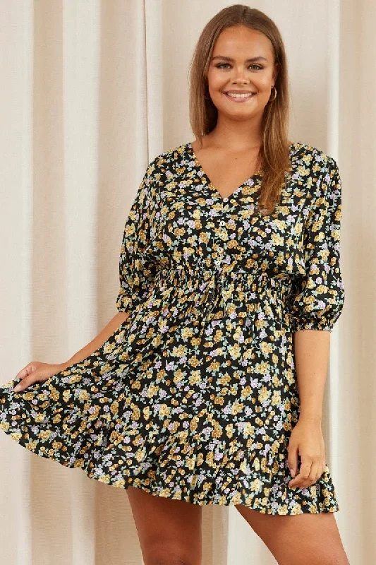 Floral Print Skater Dress V-Neck Long Sleeve