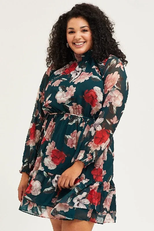 Floral Print Sleeve High Neck Long