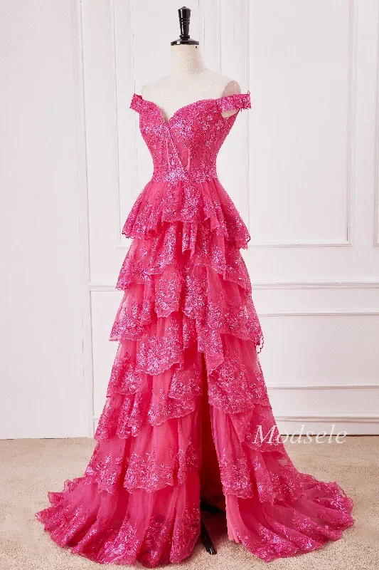 fuchsia-glitter-appliques-off-the-shoulder-ruffle-long-prom-dress