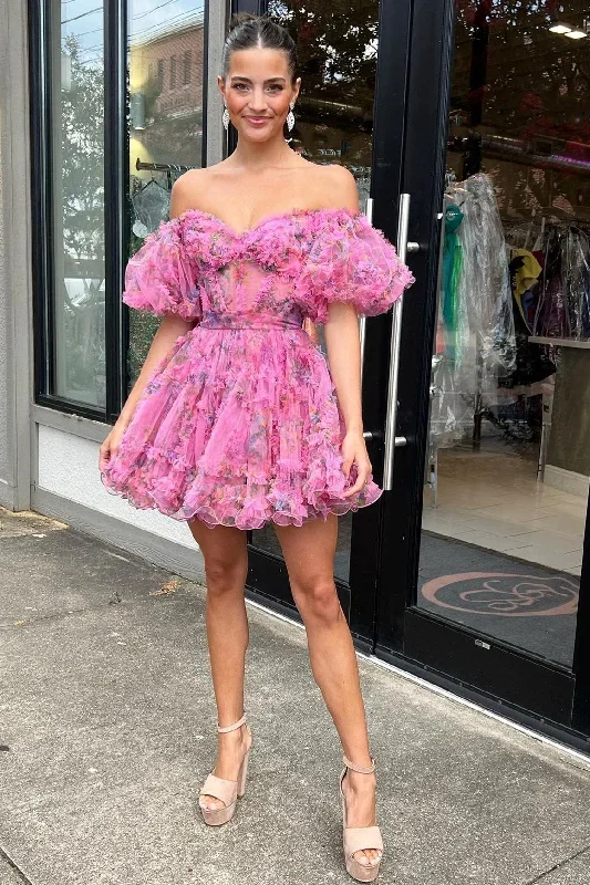 Fuchsia Print Puff Sleeve Ruffle Short Homecoming Dress