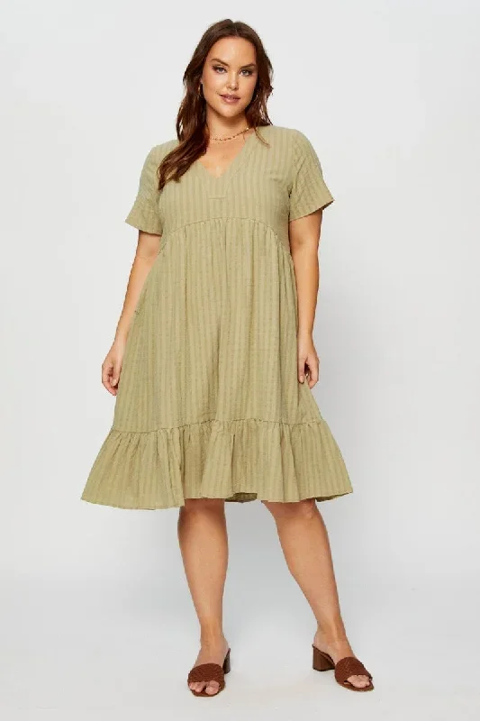 Green Skater Dress V-Neck Short Sleeve