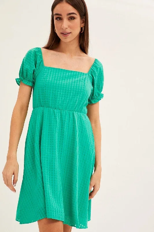 Green Square Neck Puff Sleeve Skater Dress