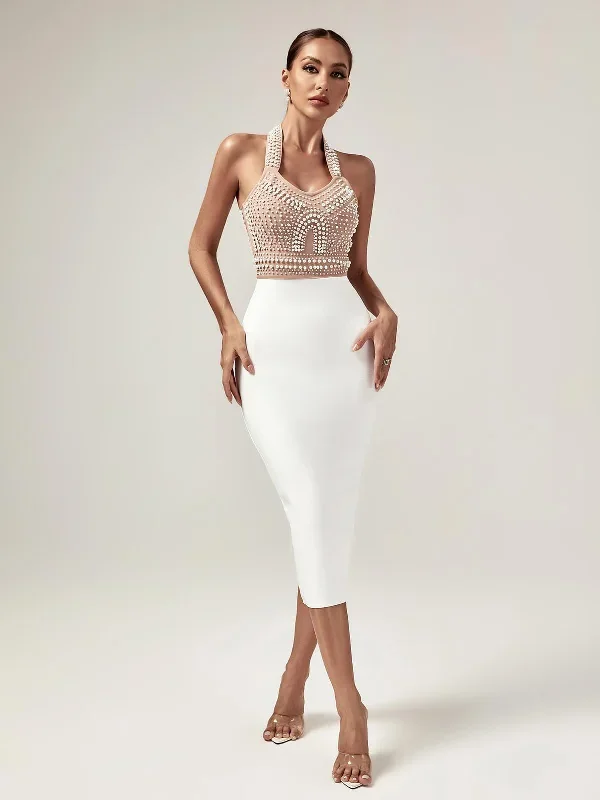 Isabella Halterneck Pearls Bandage Dress In Beige