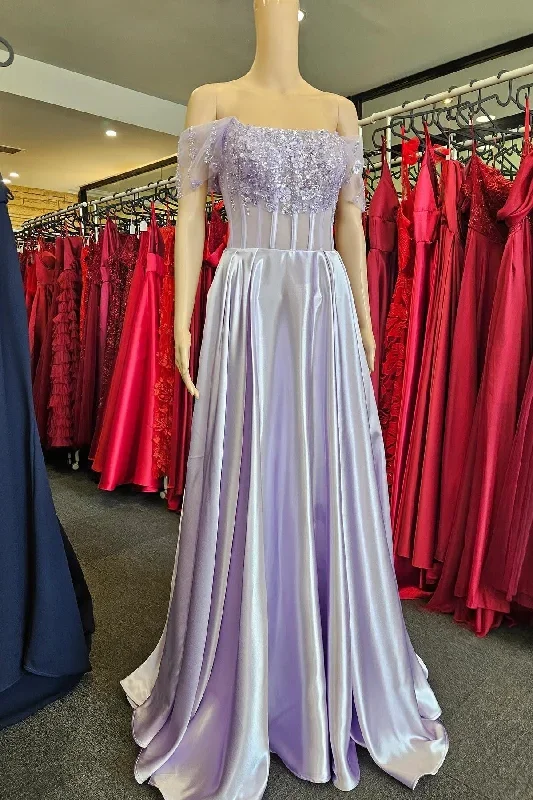 Lavender 3D Floral Lace Off-the-Shoulder A-Line Long Prom Dress