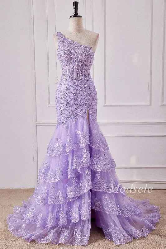 Lavender Tulle Sequin One-Shoulder Ruffle Mermaid Gown with Slit