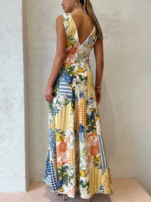 lemonade-print-lace-trim-long-dress