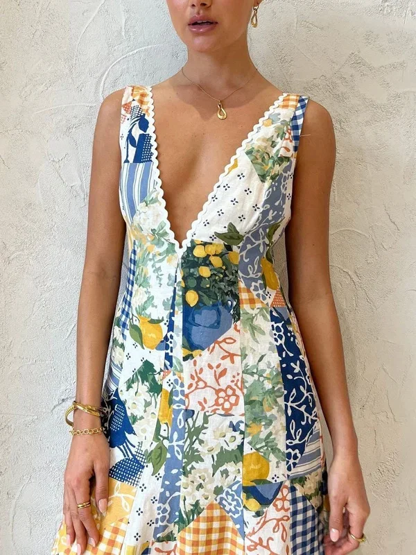 lemonade-print-lace-trim-long-dress