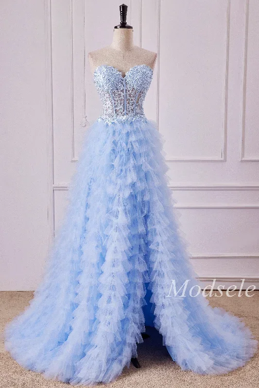 Light Blue Appliques Strapless Ruffle Tiered Gown with Slit