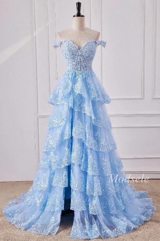 Light Blue Tulle Sequin Off-the-Shoulder Ruffle Long Gown with Slit