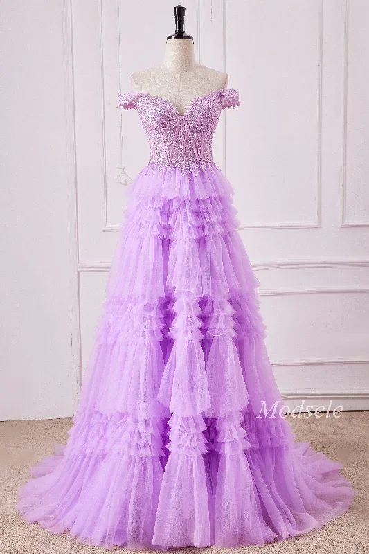 Lilac Glitter Appliques Off-the-Shoulder Ruffle Tiered Gown