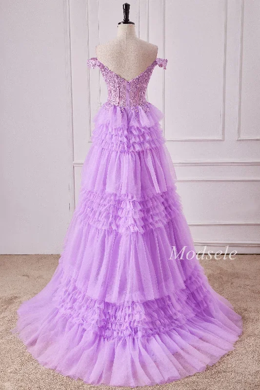 lilac-glitter-appliques-off-the-shoulder-ruffle-tiered-gown