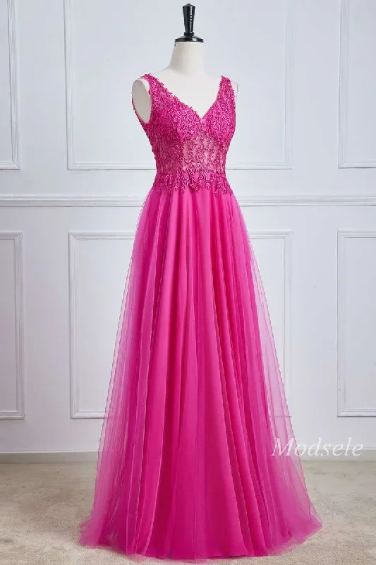 magenta-tulle-appliques-v-neck-a-line-long-prom-dress