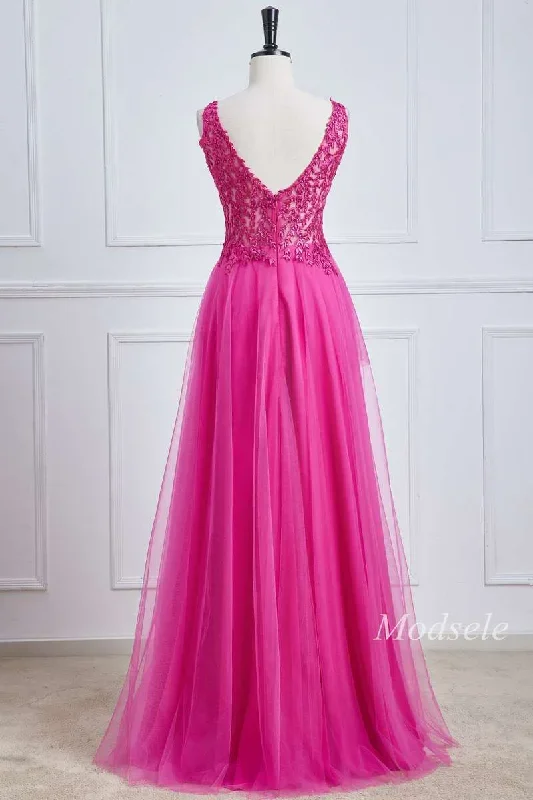 magenta-tulle-appliques-v-neck-a-line-long-prom-dress