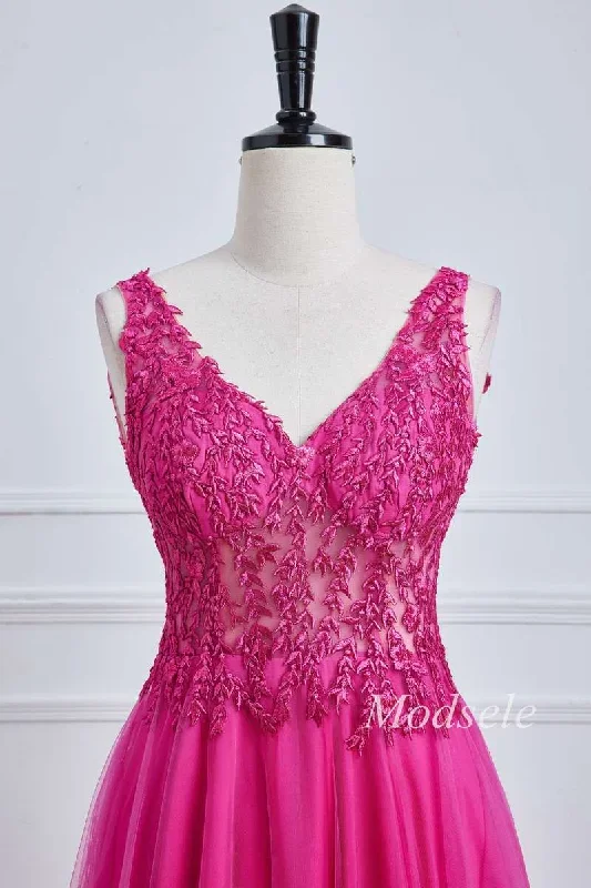 magenta-tulle-appliques-v-neck-a-line-long-prom-dress