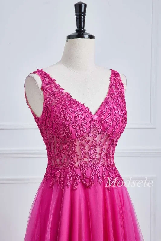 magenta-tulle-appliques-v-neck-a-line-long-prom-dress