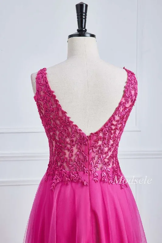 magenta-tulle-appliques-v-neck-a-line-long-prom-dress