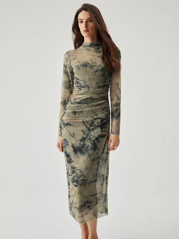 Mesh Floral Print Ruched Long Sleeve Long Dress