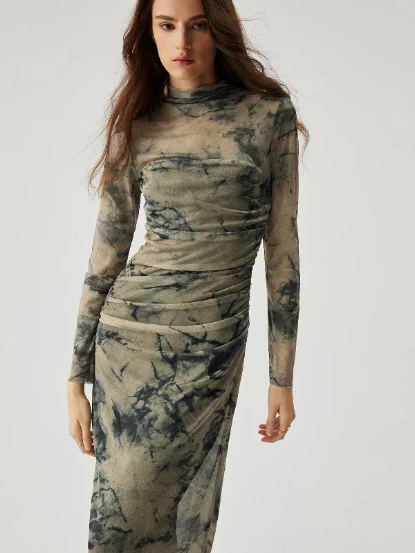 mesh-floral-print-ruched-long-sleeve-midi-dress