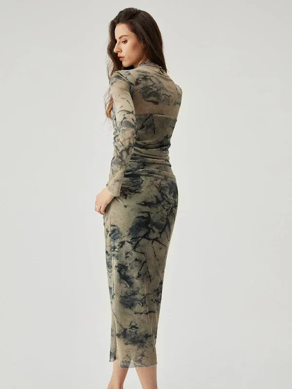 mesh-floral-print-ruched-long-sleeve-midi-dress