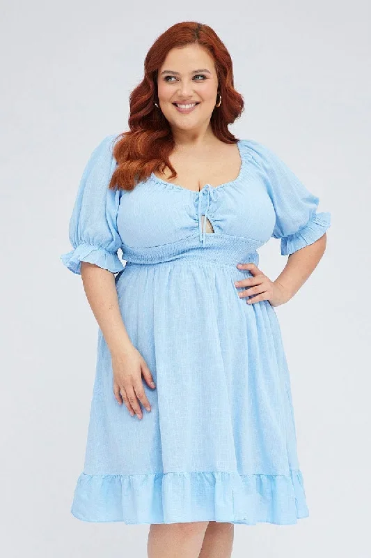 Mid Blue Short Puff Sleeve Peephole Blue Skater Dress