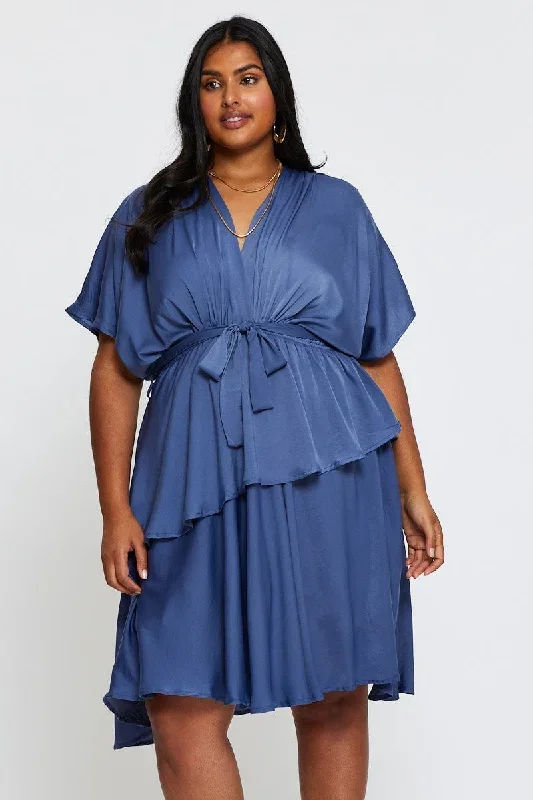 Mid Blue Skater Dress V-Neck Batwing Sleeve Tie