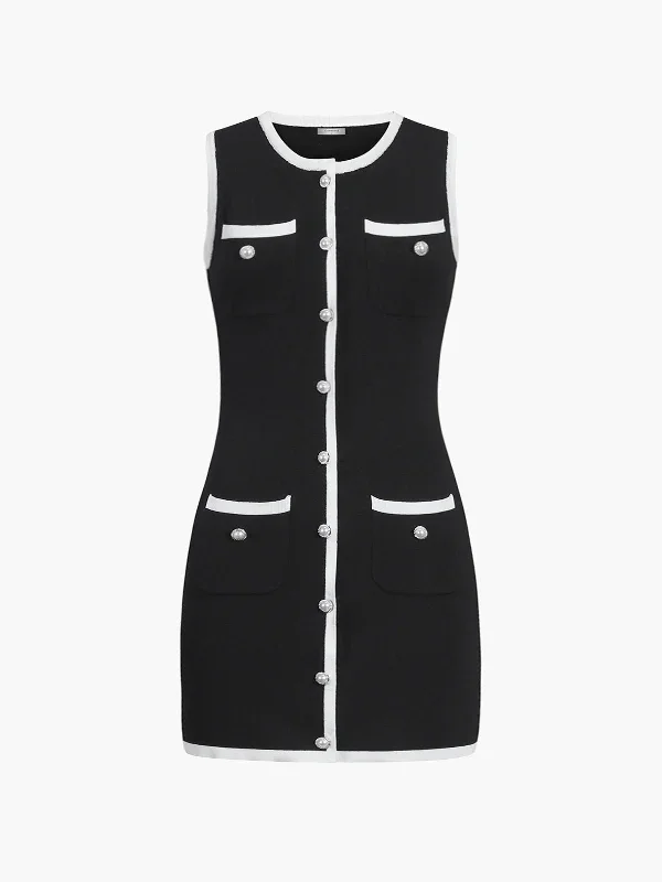 multi-pocket-button-sleeveless-short-sweater-dress