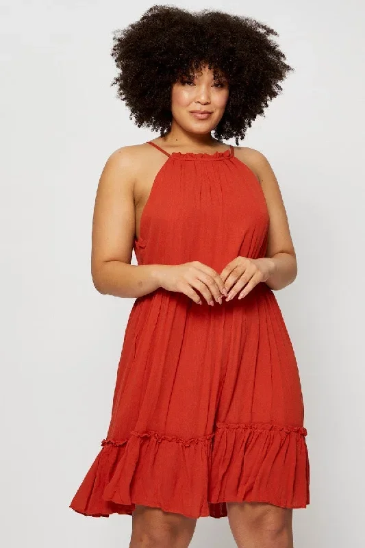 Orange Smock Dress Halter Sleeveless Ruffle