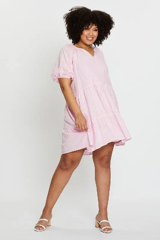 pink-puff-3-4-sleeve-textured-cotton-pink-layer-dress-cdd25764-42a-1