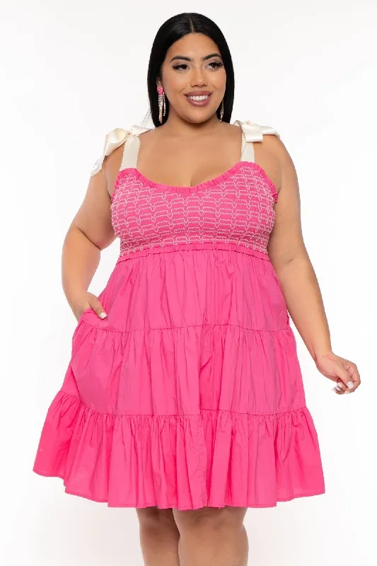 Plus Size  Amanda Ribbon Tie Ruffle  Dress - Pink