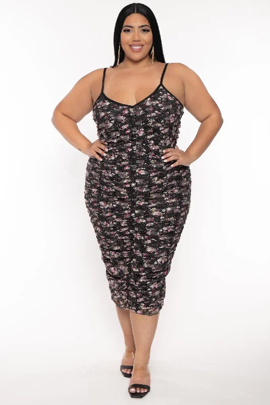 Plus Size Leia Floral  Mesh Ruched Dress - Black