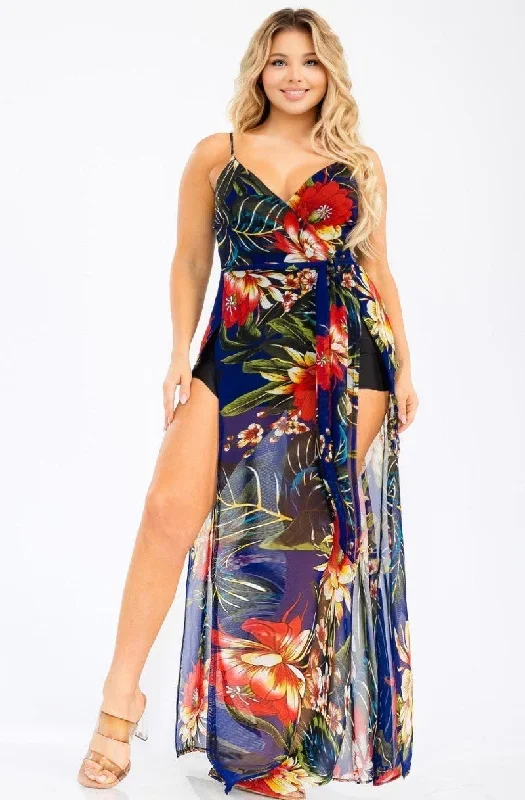 Plus Size Letty  Tropical Print Sun dress- Teal