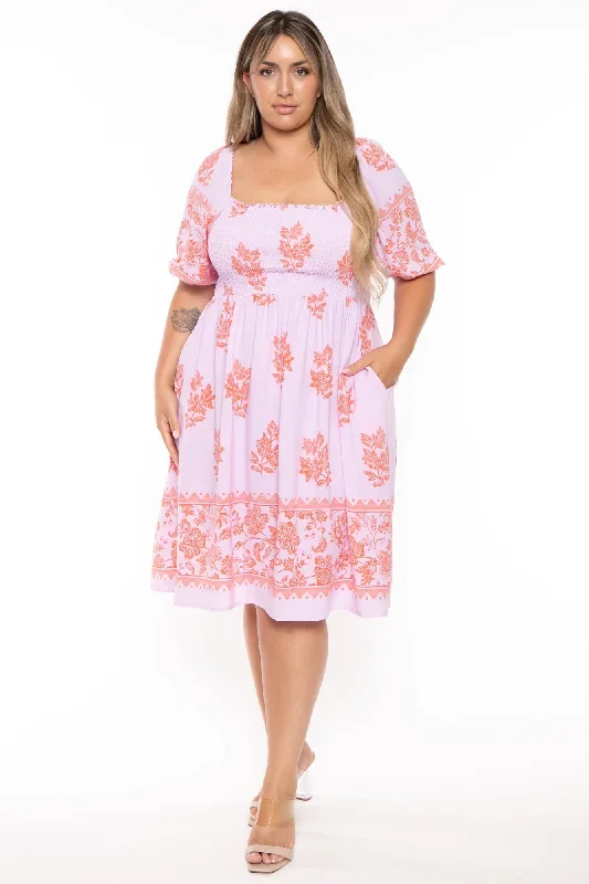 Plus Size Lilah  Floral  Smocked  Dress  -Lavender