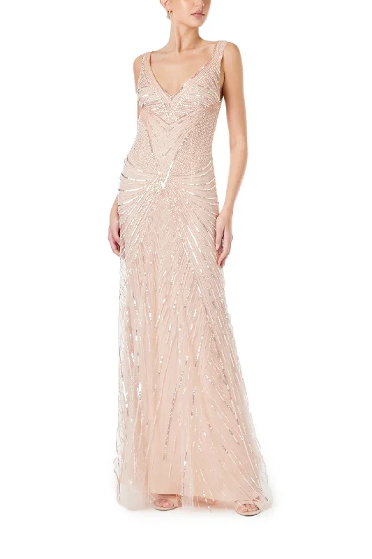 Embroidered Tulle Deep V-Neck Gown