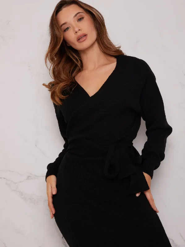 V Neck Wrap Jumper Dress in Black