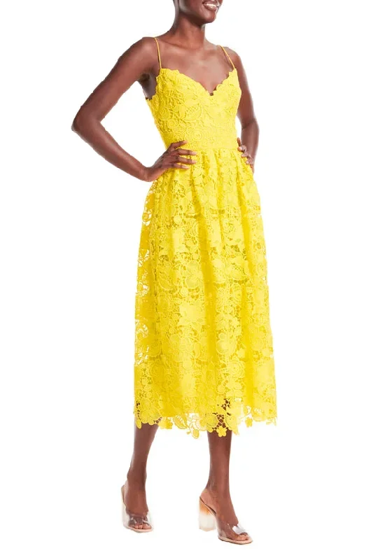 yellow-lace-strapless-tea-length-dress