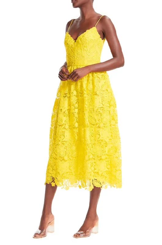 yellow-lace-strapless-tea-length-dress