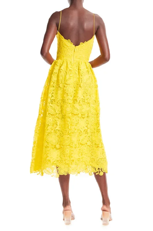 yellow-lace-strapless-tea-length-dress