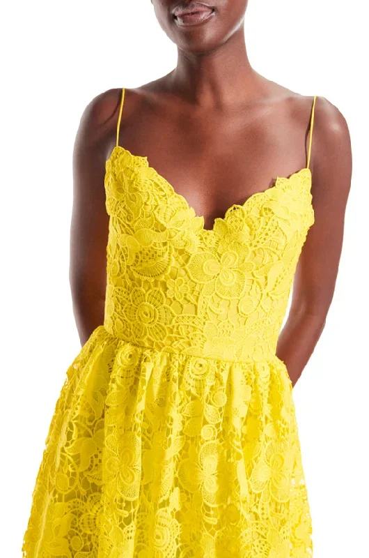 yellow-lace-strapless-tea-length-dress