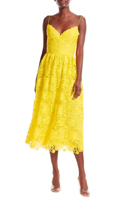 yellow-lace-strapless-tea-length-dress